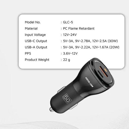 شارژر فندکی با کابل GREEN LION DUAL 50W PD LIGHTNING - Image 2